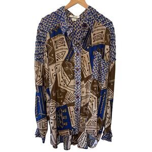VTG Audrey Jones Beaded Brown & Blue Boho Tribal Print Oversized Button Up 1X